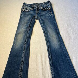 Miss Me Girls Jeans Size 7 Boot Cut Rhinestone Embroidered Back Pockets Frayed